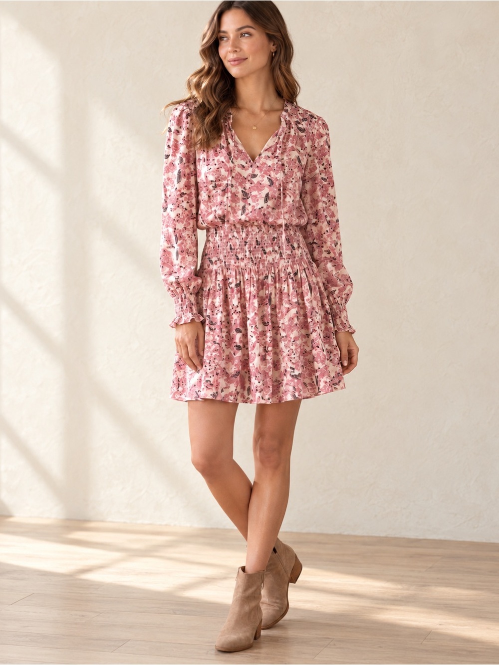 ROAN + RYAN Pink Floral Smocked Waist Long Sleeve Mini Dress Size XS
